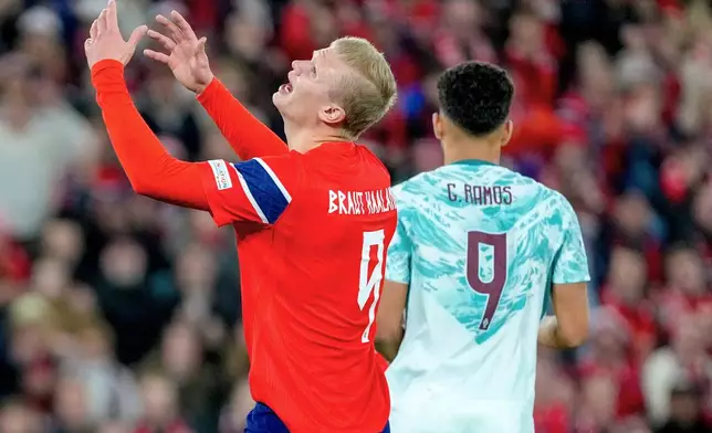 Norway's Erling Haaland reacts during a Nations League soccer match between between Norway and Portugal, in Oslo, Sunday, Sept. 27, 2026. (Cornelius Poppe/NTB Scanpix via AP)