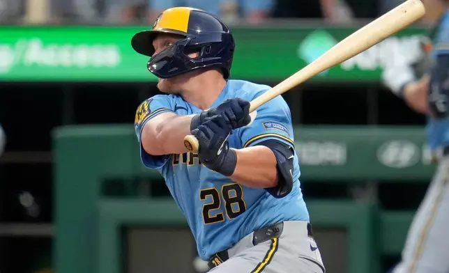 Milwaukee Brewers' Andrew Vaughn (28) follows through on a single off Pittsburgh Pirates pitcher Jared Jones, driving in a run, during the second inning of a baseball game in Pittsburgh, Wednesday, Sept. 16, 2026. (AP Photo/Gene J. Puskar)