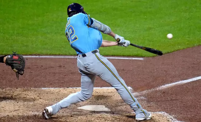 Milwaukee Brewers' Christian Yelich hits a single off Pittsburgh Pirates pitcher Carmen Mlodzinski, driving in two runs, during the seventh inning of a baseball game in Pittsburgh, Wednesday, Sept. 16, 2026. (AP Photo/Gene J. Puskar)