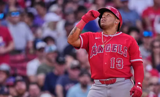 Los Angeles Angels' Moisés Ballesteros celebrates after his solo home run during the sixth inning of a baseball game against the Los Angeles Angels, Monday, Sept. 7, 2026, in Boston. (AP Photo/Charles Krupa)
