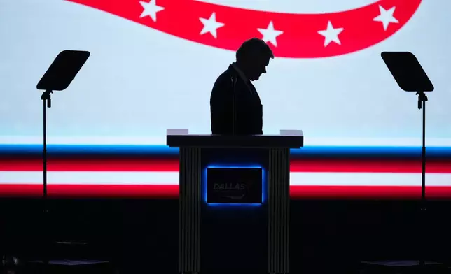 Rep. Mike Collins, senatorial candidate for Georgia, takes the stage at the Republican convention in Dallas, Wednesday, Sept. 9, 2026. (AP Photo/Tony Gutierrez)