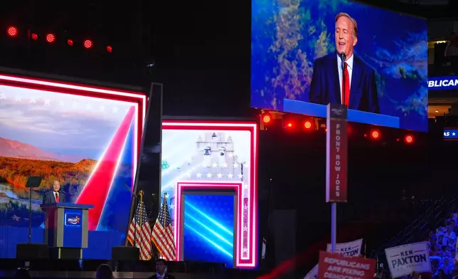 Republican U.S. Senate candidate Texas Attorney General Ken Paxton speaks at the Republican convention Wednesday, Sept. 9, 2026, in Dallas. (AP Photo/Julio Cortez)