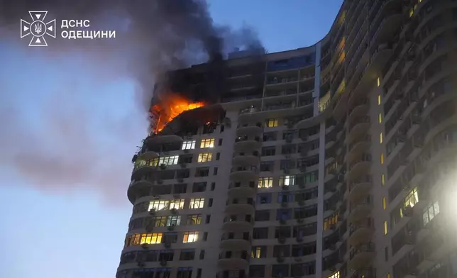 In this photo provided by the Ukrainian Emergency Service, a residential building is seen in fire following a Russian air attack in Odesa, Ukraine, Saturday, Sept. 12, 2026. (Ukrainian Emergency Service via AP)