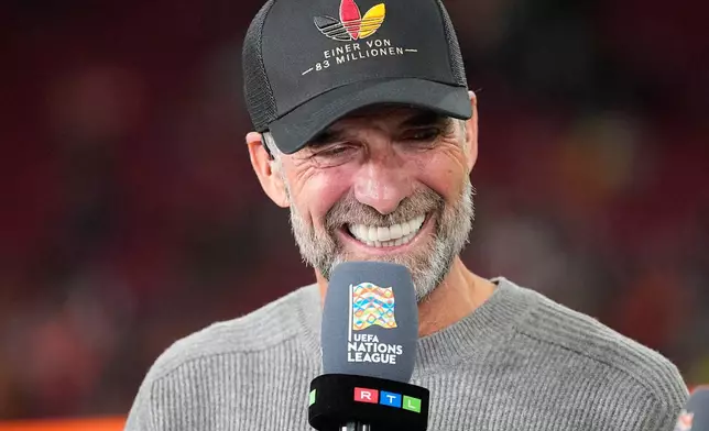 Germany's coach Jurgen Klopp talks to media before the UEFA Nations League soccer match between the Netherlands and Germany in Amsterdam, Netherlands, Thursday, Sept. 24, 2026. (AP Photo/Martin Meissner)