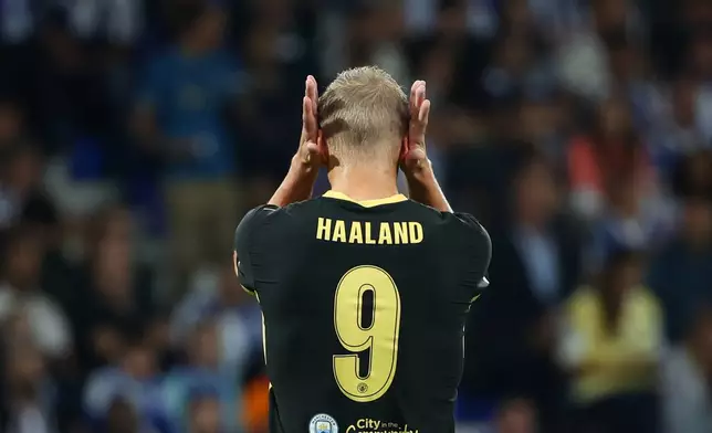 Manchester City's Erling Haaland reacts during a Champions League opening phase soccer match between FC Porto and Manchester City in Porto, Portugal, Tuesday, Sept. 8, 2026. (AP Photo/Luis Vieira)