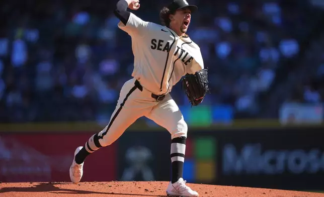 Seattle Mariners starting pitcher Logan Gilbert throws against the Los Angeles Angels during the first inning of a baseball game, Sunday, Sept. 27, 2026, in Seattle. (AP Photo/Lindsey Wasson)