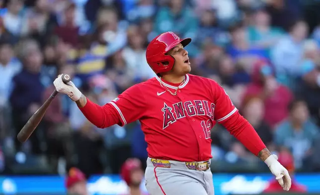 Los Angeles Angels' Moisés Ballesteros reacts to flying out during the eighth inning of a baseball game against the Seattle Mariners, Sunday, Sept. 27, 2026, in Seattle. (AP Photo/Lindsey Wasson)