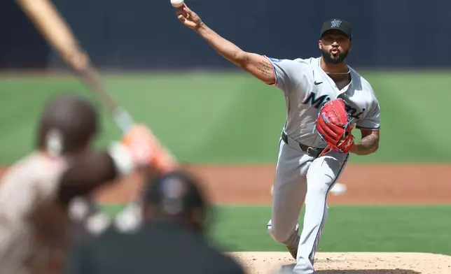 Miami Marlins starting pitcher Sandy Alcantara works against a San Diego Padres batter in the second inning of a baseball game Sunday, Sept. 20, 2026, in San Diego. (AP Photo/Karl Anderson)