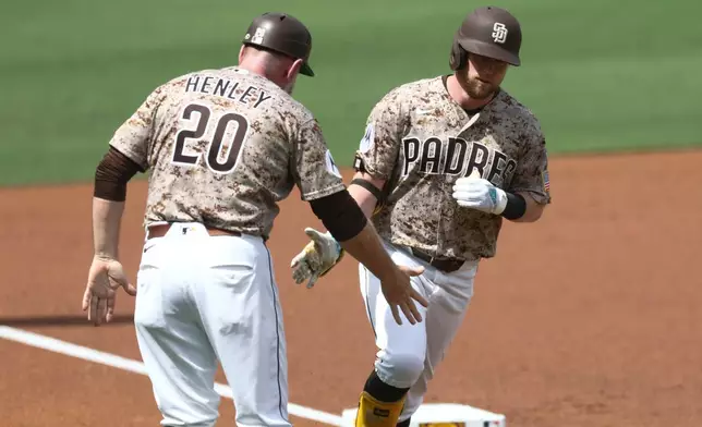 San Diego Padres' Jake Cronenworth, right, celebrates with third base coach Bob Henley, left, after hitting a two-run home run in the second inning of a baseball game against the Miami Marlins, Sunday, Sept. 20, 2026, in San Diego. (AP Photo/Karl Anderson)
