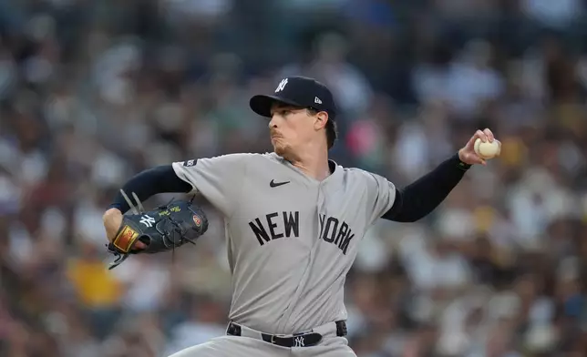 New York Yankees starting pitcher Max Fried works against a San Diego Padres batter during the first inning of a baseball game Friday, Sept. 4, 2026, in San Diego. (AP Photo/Gregory Bull)