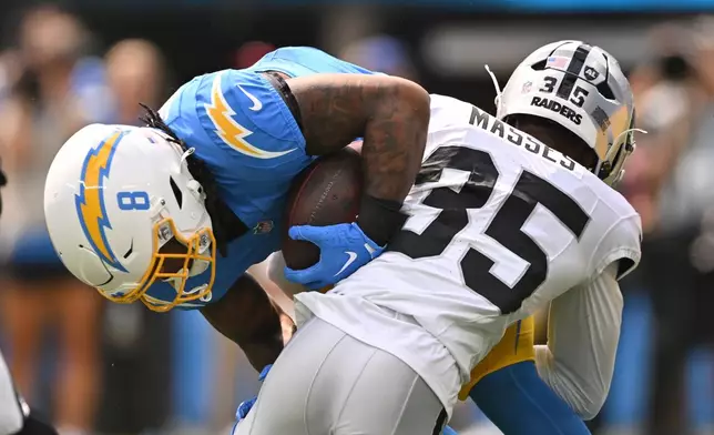 Los Angeles Chargers running back Omarion Hampton (8) is tackled by Las Vegas Raiders cornerback Hezekiah Masses (35) during the first half of an NFL football game in Inglewood, Calif., Sunday, Sept. 20, 2026. (AP Photo/Katie Chin)