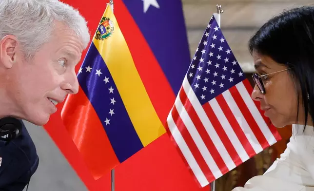 U.S. Energy Secretary Chris Wright, left, meets with Venezuelan acting President Delcy Rodriguez at Miraflores presidential palace in Caracas, Venezuela, Wednesday, Sept. 2, 2026. (AP Photo/Pedro Mattey)