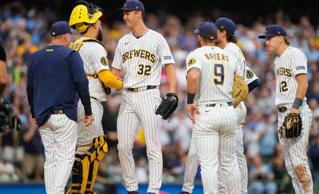 Milwaukee Brewers pitcher Jacob Misiorowski (32) shakes hands with catcher Gary Sánchez, second from left, during a pitching change in the sixth inning of a baseball game against the St. Louis Cardinals, Sunday, Sept. 27, 2026, in Milwaukee. (AP Photo/Kayla Wolf)