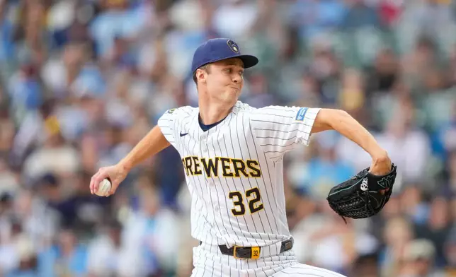 Milwaukee Brewers pitcher Jacob Misiorowski throws during the first inning of a baseball game against the St. Louis Cardinals, Sunday, Sept. 27, 2026, in Milwaukee. (AP Photo/Kayla Wolf)