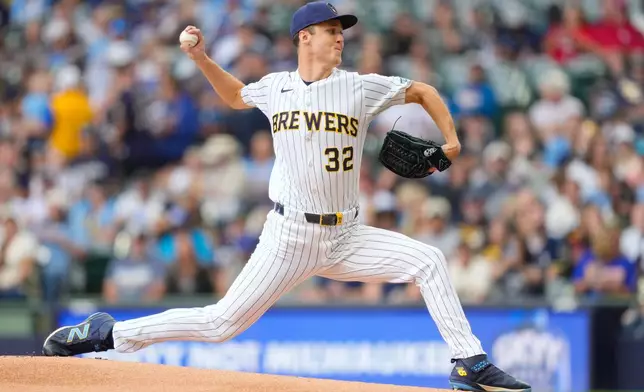 Milwaukee Brewers pitcher Jacob Misiorowski throws during the first inning of a baseball game against the St. Louis Cardinals, Sunday, Sept. 27, 2026, in Milwaukee. (AP Photo/Kayla Wolf)