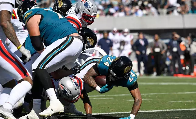 Jacksonville Jaguars running back Chris Rodriguez Jr. (24) scores a touchdown against the New England Patriots in the secondhalf during an NFL football game in Jacksonville, Fla., Sunday, Sept. 27, 2026. (AP Photo/Phelan M. Ebenhack)