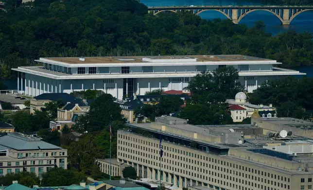 The John F. Kennedy Center for the Performing Arts as seen from the Washington Monument, Tuesday, Sept. 15, 2026, in Washington. (AP Photo/Pablo Martinez Monsivais)