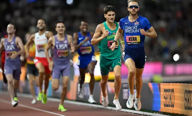 Josh Kerr, of Britain, wins the men's 1,500 meters final during the World Athletics Ultimate Championship in Budapest, Hungary, Sunday, Sept. 13, 2026. (AP Photo/Denes Erdos)