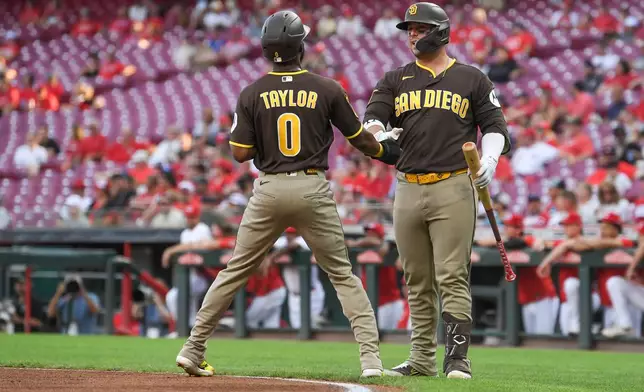San Diego Padres' Samad Taylor celebrates with Ty France after scoring on a sacrifice fly by Manny Machado during the first inning of a baseball game against the Cincinnati Reds, Tuesday, Sept. 1, 2026, in Cincinnati. (AP Photo/Tanner Pearson)