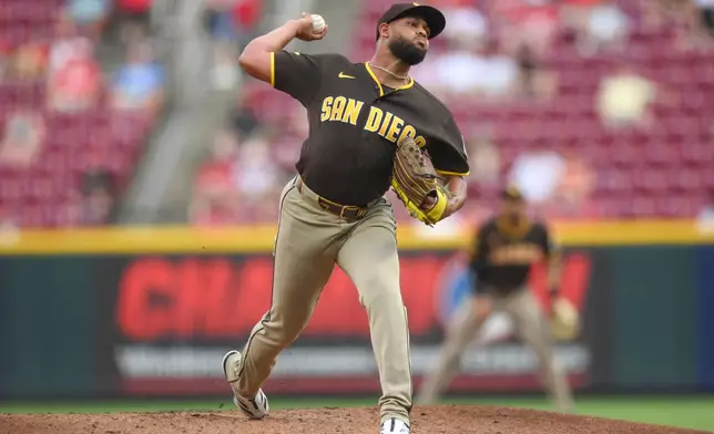 San Diego Padres' Randy Vásquez pitches during the first inning of a baseball game against the Cincinnati Reds, Tuesday, Sept. 1, 2026, in Cincinnati. (AP Photo/Tanner Pearson)