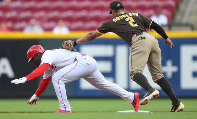 Cincinnati Reds' Héctor Rodríguez tries to stay on second after hitting a double as San Diego Padres shortstop Xander Bogaerts attempts to tag him out during the first inning of a baseball game, Tuesday, Sept. 1, 2026, in Cincinnati. (AP Photo/Tanner Pearson)