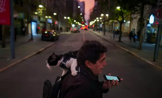 Sergio walks with his one-year old cat Nilo, in a downtown of Santiago, Chile, Thursday, Sept. 10, 2026. (AP Photo/Esteban Felix)