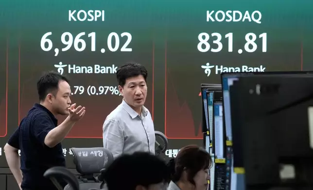 Currency traders work near a screen showing the Korea Composite Stock Price Index (KOSPI) in the foreign exchange dealing room at the Hana Bank headquarters in Seoul, South Korea, Monday, Sept. 21, 2026. (AP Photo/Ahn Young-joon)