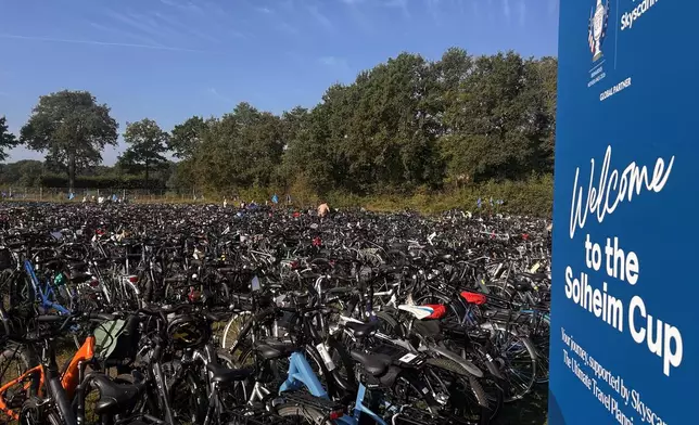 In this photo taken with a smartphone, bikes are parked in the bike park at the Solheim Cup venue, Bernardus Golf in in Den Bosch, Netherlands, Saturday Sept. 12, 2026. (AP Photos/Mike Corder)
