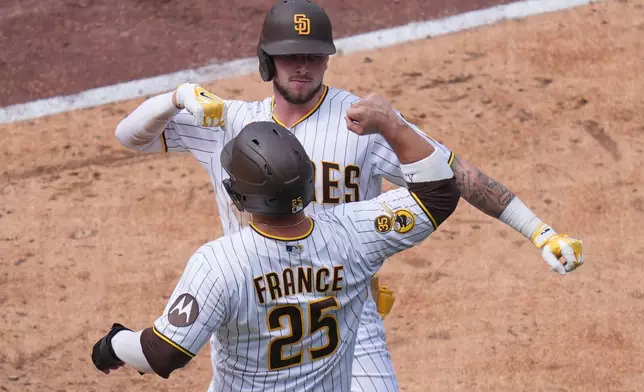 San Diego Padres' Jackson Merrill, above, celebrates with teammate Ty France (25) after hitting a two-run home run during the fifth inning of a baseball game against the Washington Nationals Wednesday, Sept. 9, 2026, in San Diego. (AP Photo/Gregory Bull)