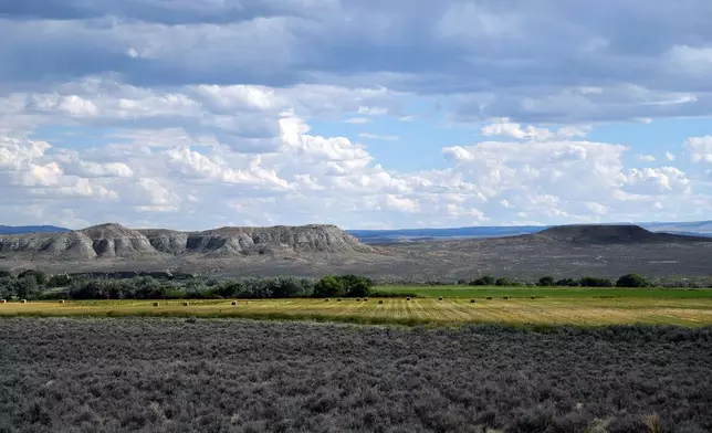 The sun shines on a hay field on the Wind River Reservation near Riverton, Wyo., on Sunday, Aug. 16, 2026. (AP Photo/Thomas Peipert)