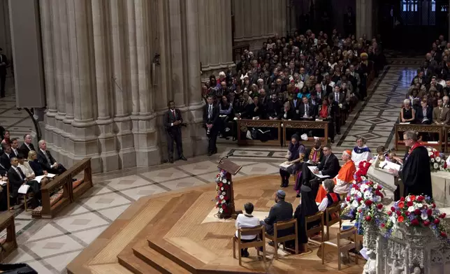 FILE - The Rev. Adam Hamilton, Senior Pastor, United Methodist Church of the Resurrection in Leawood, Kan., delivers the sermon during the Presidential Inaugural Prayer Service at the Washington National Cathedral attended by President Barack Obama, first lady Michelle Obama, Vice President Joe Biden and his wife Jill Biden, Tuesday, Jan. 22, 2013, in Washington. (AP Photo/Carolyn Kaster, File)