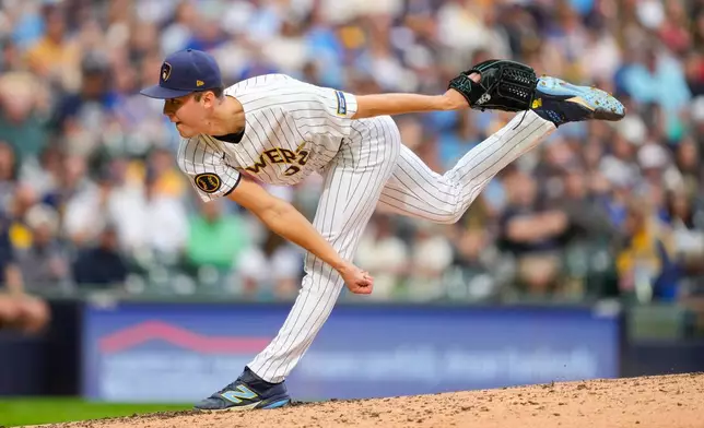 Milwaukee Brewers pitcher Jacob Misiorowski throws during the sixth inning of a baseball game against the St. Louis Cardinals, Sunday, Sept. 27, 2026, in Milwaukee. (AP Photo/Kayla Wolf)