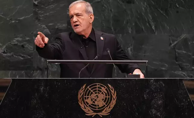 Iran's President Masoud Pezeshkian speaks during the 81st session of the United Nations General Assembly at United Nations headquarters, Wednesday, Sept. 23, 2026. (AP Photo/Heather Khalifa)
