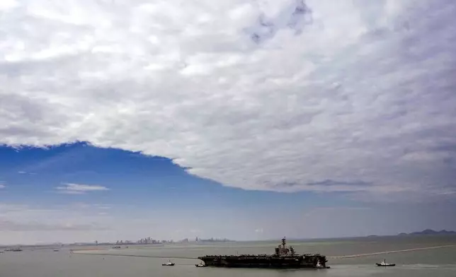 The U.S. Navy aircraft carrier USS Abraham Lincoln arrives at the port in Laem Chabang, Chonburi, Thailand, Wednesday, Sept. 2, 2026. (AP Photo/Sakchai Lalit)