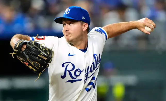 Kansas City Royals' Connor Thomas throws during the sixth inning of a baseball game against the Miami Marlins, Wednesday, Sept. 2, 2026, in Kansas City, Mo. (AP Photo/Charlie Riedel)