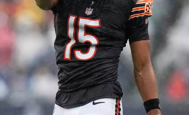Chicago Bears wide receiver Rome Odunze (15) gestures after a play during the second half of an NFL football game against the Minnesota Vikings in Chicago, Sunday, Sept. 20, 2026. (AP Photo/Nam Y. Huh)