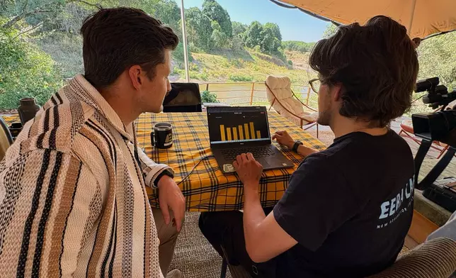 In this photo taken with a smartphone, Loic Amado, founder of Emboo Camp and Era Lab, checks the battery charge of an electric safari van with a colleague at Emboo Camp in the Maasai Mara, Kenya, Saturday, Aug. 29, 2026. (AP Photo/Allan Olingo)