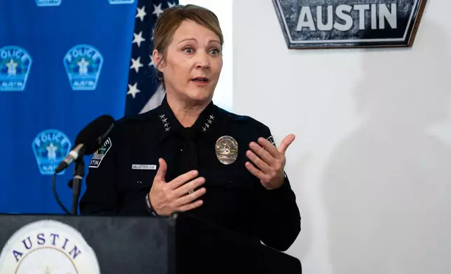 Austin Police Chief Lisa Davis speaks during a news conference at the Austin Public Safety Headquarters, Tuesday, Sept. 22, 2026, providing an update after an ICE agent shot and wounded Wilber Rafael Garcés Pérez in Austin, Texas, Sunday. (Sara Diggins/The San Antonio Express-News via AP)