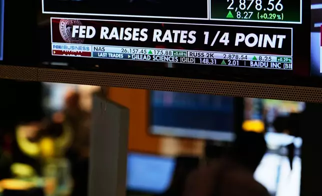 Screens display financial information on the floor at the New York Stock Exchange in New York, Wednesday, Sept. 16, 2026. (AP Photo/Seth Wenig)