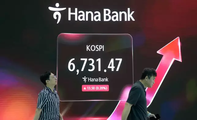 Currency traders pass by a screen showing the Korea Composite Stock Price Index (KOSPI) at the foreign exchange dealing room of the Hana Bank headquarters in Seoul, South Korea, Thursday, Sept. 17, 2026. (AP Photo/Ahn Young-joon)
