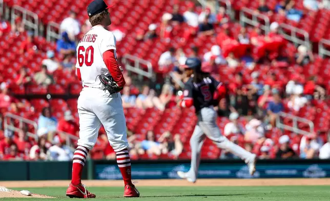 St. Louis Cardinals starting pitcher Quinn Mathews (60) pauses at the back of the mound after giving up a two-run home run to Washington Nationals' CJ Abrams during the sixth inning of a baseball game Sunday, Sept. 20, 2026, in St. Louis. (AP Photo/Scott Kane)