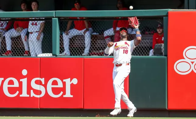 St. Louis Cardinals' Jordan Walker catches a fly ball for an out against Washington Nationals' Andrés Chaparro during the fifth inning of a baseball game Sunday, Sept. 20, 2026, in St. Louis. (AP Photo/Scott Kane)