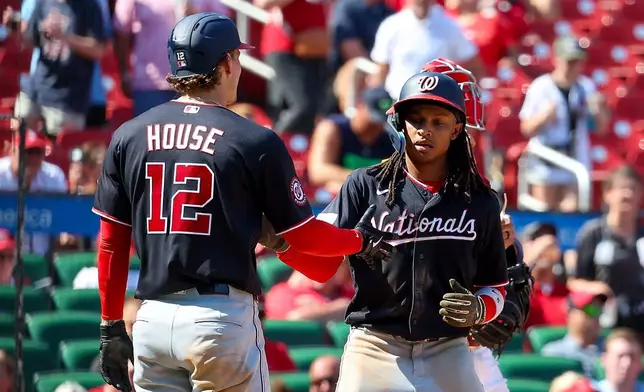 Washington Nationals' Brady House (12) congratulates CJ Abrams, right, after Abrams' two-run home run during the sixth inning of a baseball game against the St. Louis Cardinals, Sunday, Sept. 20, 2026, in St. Louis. (AP Photo/Scott Kane)