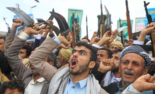 Supporters of Yemen's Houthi rebels shout slogans during a rally in support of the group and to protest Saudi Arabia's accusation that the Houthis targeted Islam's holiest site, Mecca, in Sanaa, Yemen, Friday, Sept. 18, 2026. (AP Photo/Osamah Abdulrahman)
