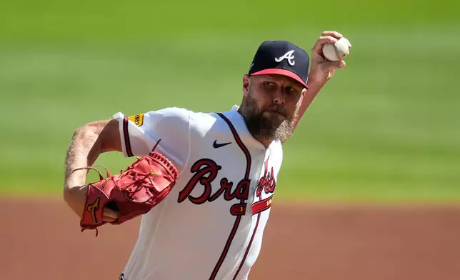 Atlanta Braves pitcher Chris Sale throws against the Philadelphia Phillies in the first inning during Game 1 of baseball's National League Wild Card Series Tuesday, Sept. 29, 2026, in Atlanta. (AP Photo/Mike Stewart)