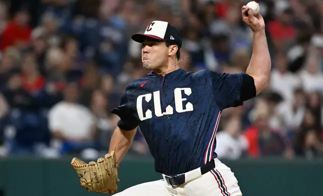 Cleveland Guardians relief pitcher Joey Cantillo delivers against the Athletics during the third inning of a baseball game, Friday, Sept. 18, 2026, in Cleveland. (AP Photo/Phil Long)