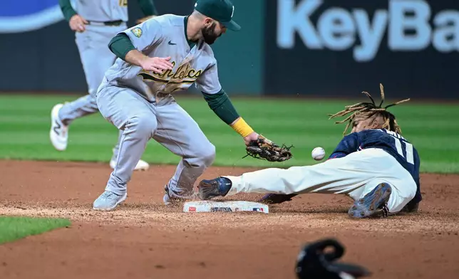 Athletics' Michael Stefanic, left, cannot hold on to the ball as Cleveland Guardians' Jose Ramirez, right, slides safely into second base with a steal during the fourth inning of a baseball game, Friday, Sept. 18, 2026, in Cleveland. (AP Photo/Phil Long)