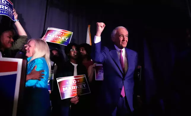U.S. Sen. Edward Markey, D-Mass., reacts alongside his wife Susan Blumenthal after winning the Democratic nomination during a primary election night event Tuesday, Sept. 1, 2026, in Boston. (AP Photo/Charles Krupa)