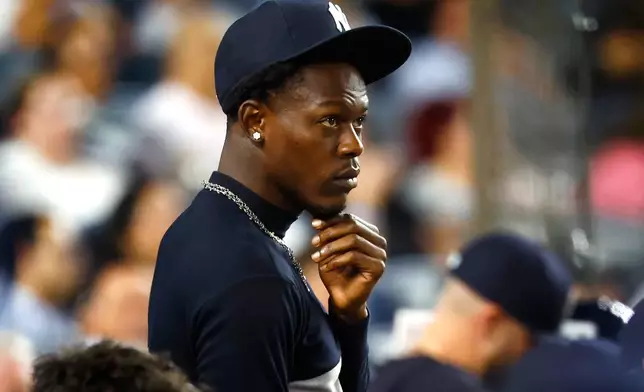 New York Yankees' Jazz Chisholm Jr. reacts in the dugout during the eighth inning of a baseball game against the Colorado Rockies, Wednesday, Sept. 9, 2026, in New York. (AP Photo/Noah K. Murray)