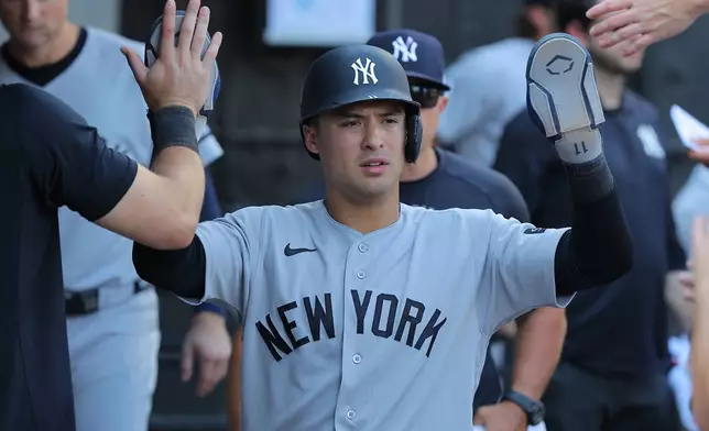 FILE - New York Yankees' Anthony Volpe celebrates in the dugout after scoring on Trent Grisham RBI single in the during the tenth inning of a baseball game against the Chicago White Sox, July 30, 2026, in Chicago. (AP Photo/Melissa Tamez, File)